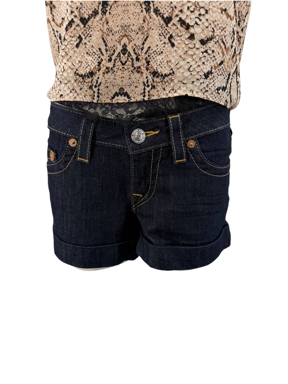 True Religion Dark Indigo Rolled Cuff Jean Shorts